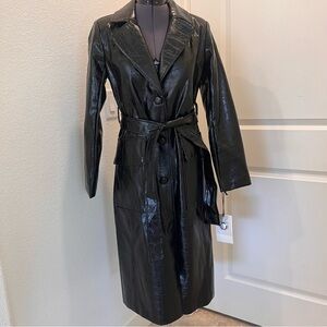 G by Giuliana Glossy Ebony Faux Leather Trench Coat